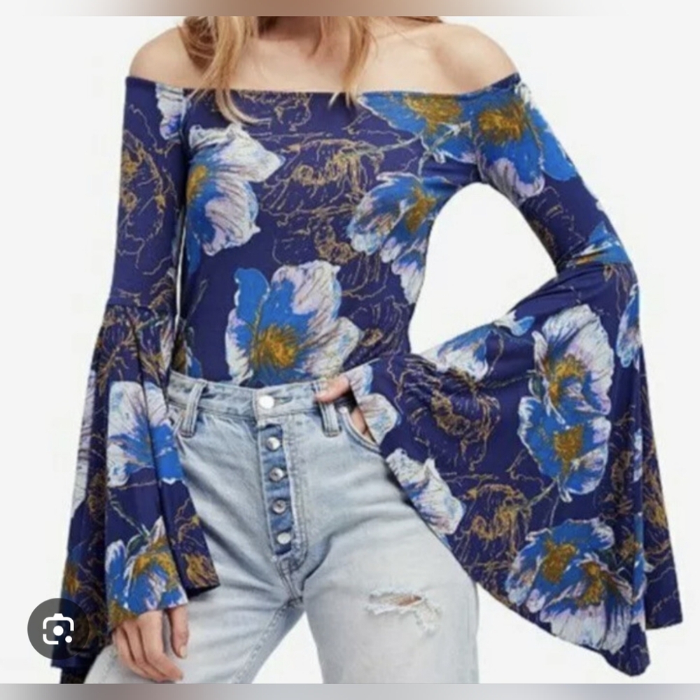 Free People We the Free Birds of Paradise Bell Sleeve Top Blue Floral Size Small